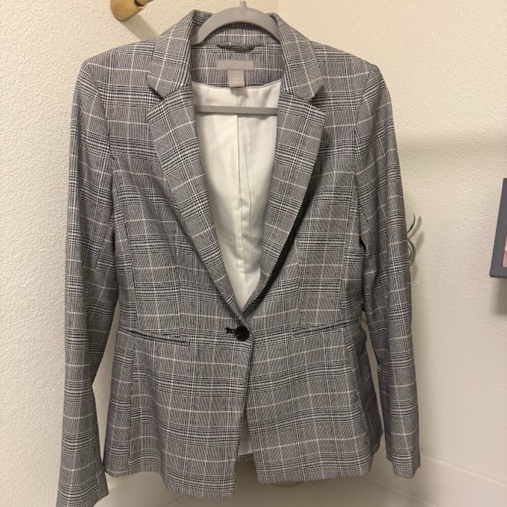 Gray Plaid Structured Blazer – H&M Business Casual, Size 6